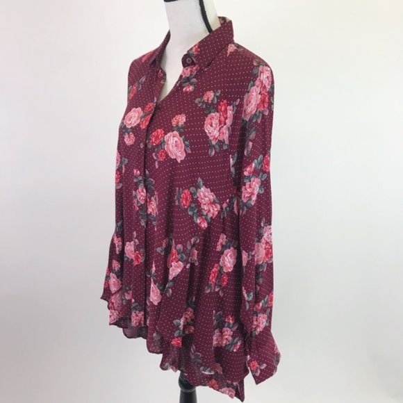 Umgee Womens Wine Floral High Low Hem Button Up Long Sleeve Tunic Blouse Size S - Picture 4 of 8